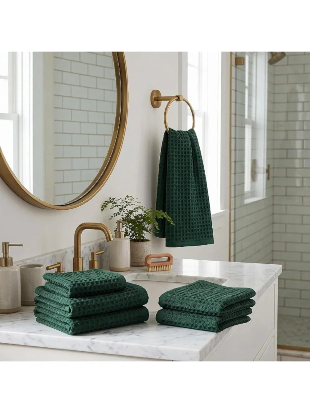 6 Pcs Dark Green Waffle Weave Hand Towels - Soft, Absorbent, Quick Dry, Boho